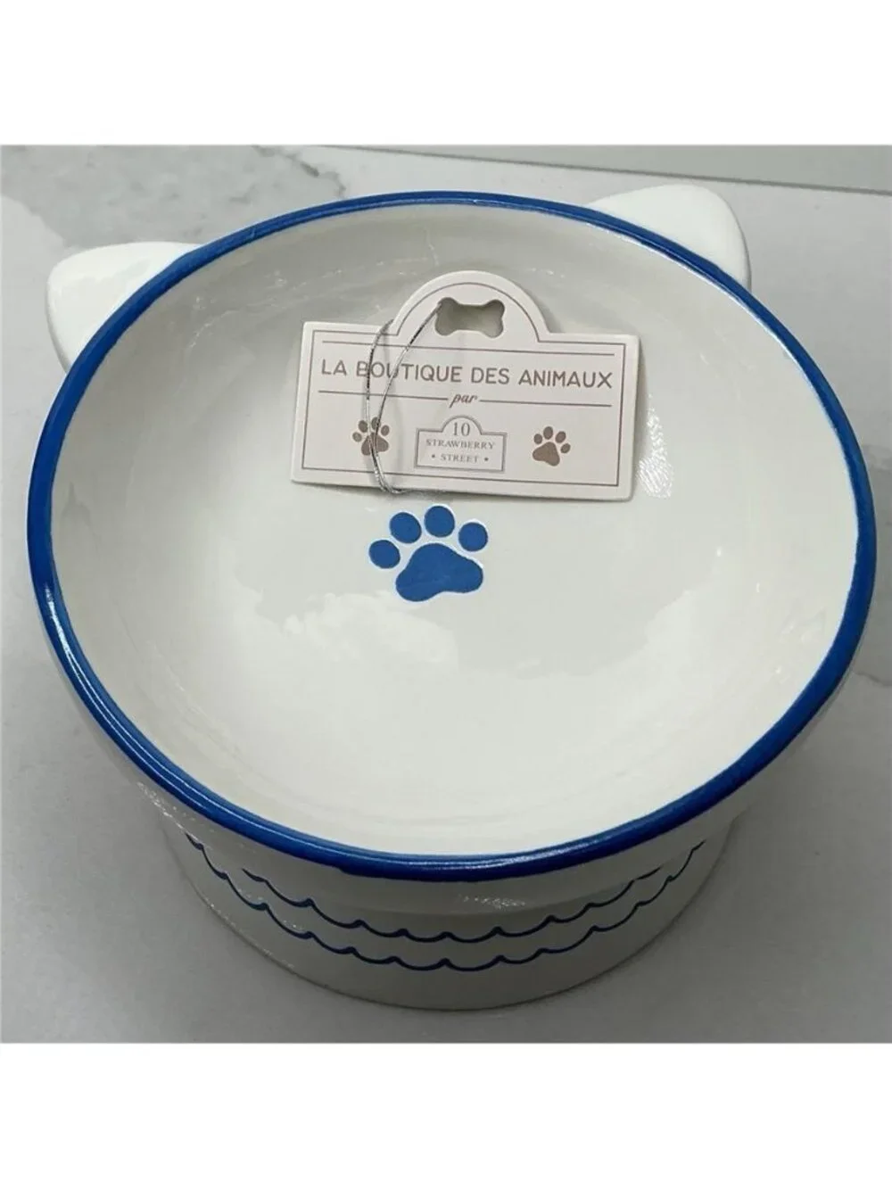 10 Strawberry Street Ears Up Elevated Cat Bowl, White Blue, 7-oz New